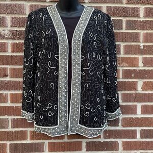 Laurence Kazar Jacket Silk Beaded Short Sleeve Open Front Sz PS Vintage